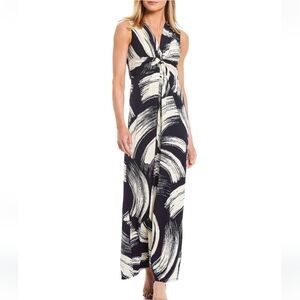 Eliza J Navy Brush Print Knot Front Sleeveless Jersey Maxi Dress Size 8